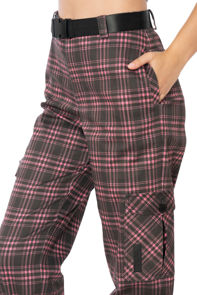 Streetwear-inspired pink tartan trousers featuring oversized cargo pockets, cotton-rich woven fabric, elastic cuffed ankles and a removable belt for everyday wear.
