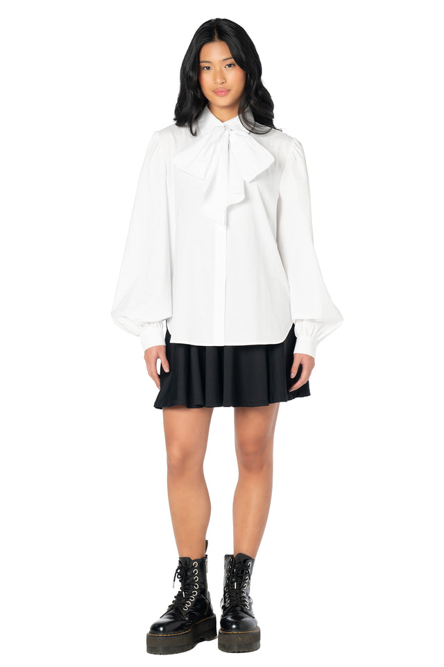 BlackMilk white blouse featuring a detachable bow, voluminous sleeves and a crisp button-up silhouette, perfect for coquette fashion, office wear and elevated casual styling.