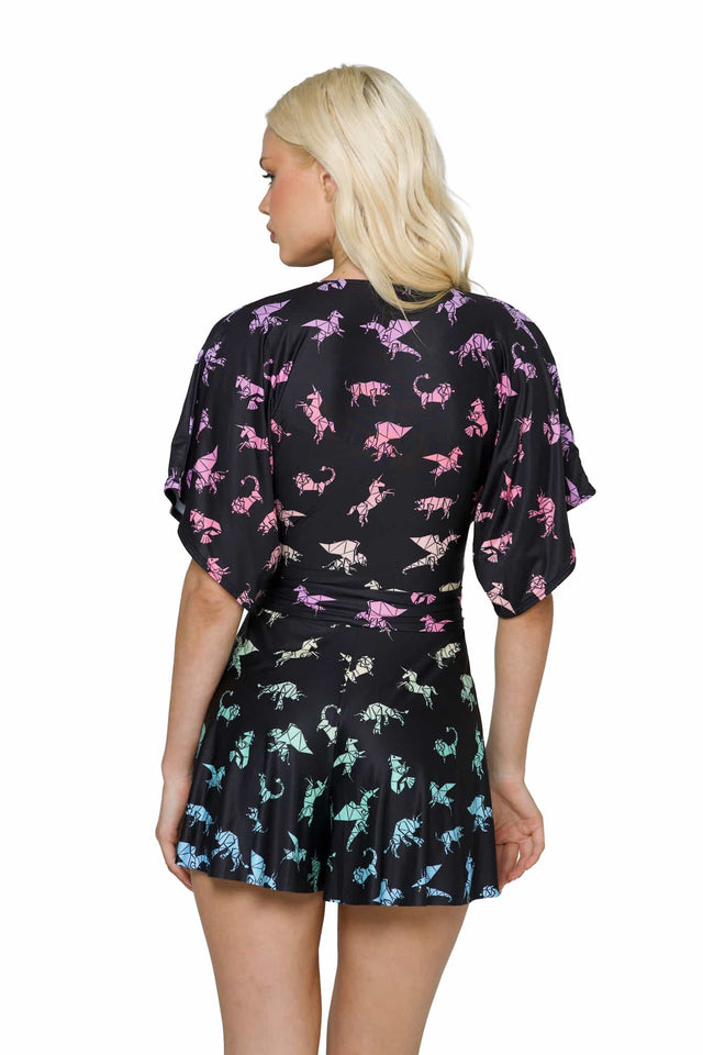 Black Mythological Origami Slinky Playsuit