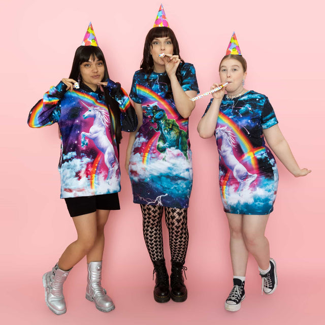 HELL YEAH! BlackMilk is turning 15. Is it really a celebration without a unicorn battling a robot dinosaur? HELL NO! Shop our iconic print in 3 new styles!