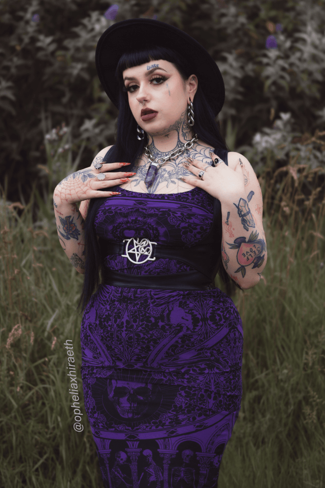 BlackMilk Clothing - Halloween - Blood Sacrifice Purple Sheer Bodycon Slip Dress - Snake Magic Underbust Corset - @opheliaxhiraeth