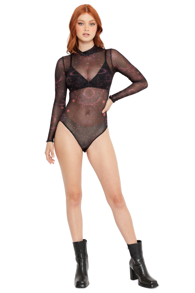 Long sleeve sheer top with dark red celestial artwork, high neckline and fitted silhouette