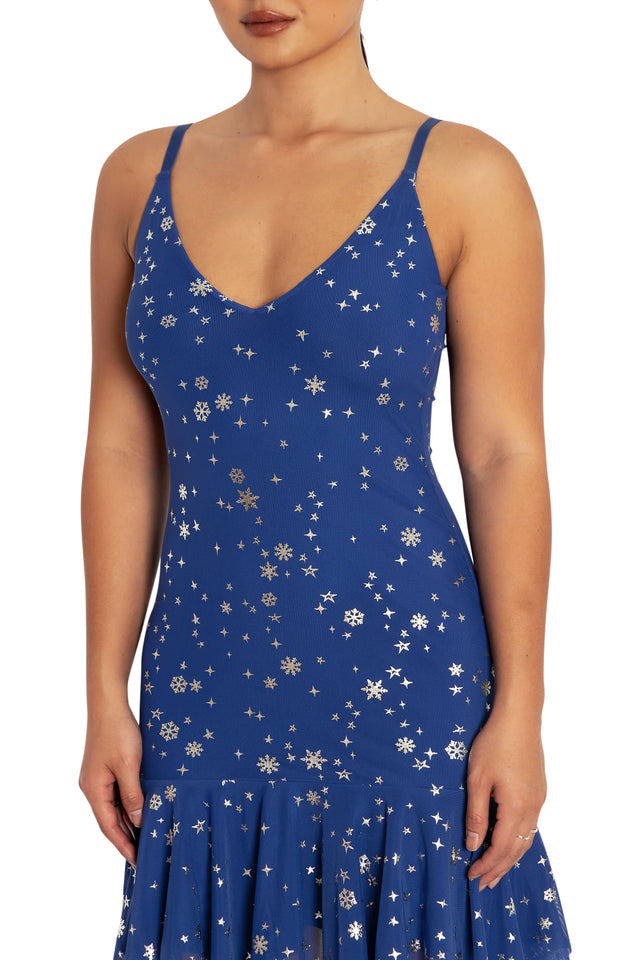 BlackMilk Clothing - Blue Christmas Star Mini Handkerchief Dress