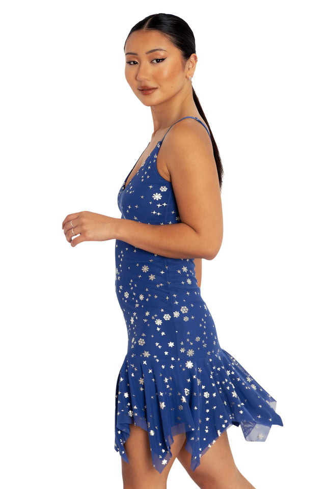 BlackMilk Clothing - Blue Christmas Star Mini Handkerchief Dress