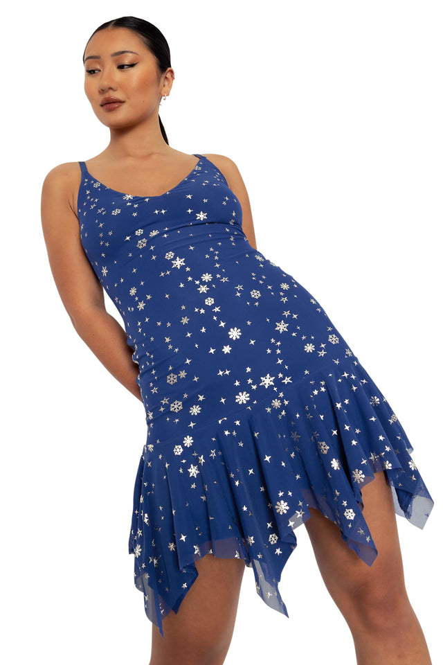 Christmas Star Blue Mini Handkerchief Dress - Limited BlackMilk Clothing Christmas Star Blue Mini Handkerchief Dress - Limited BlackMilk Clothing