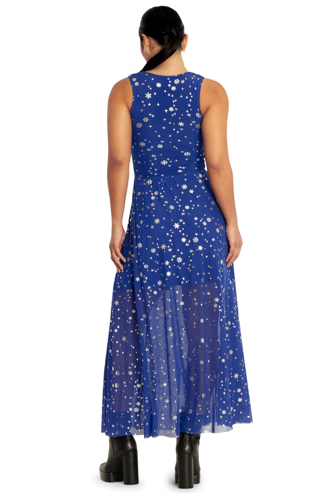 BlackMilk Clothing - Blue Christmas Star V Neck Maxi Dress
