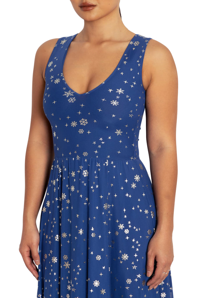BlackMilk Clothing - Blue Christmas Star V Neck Maxi Dress