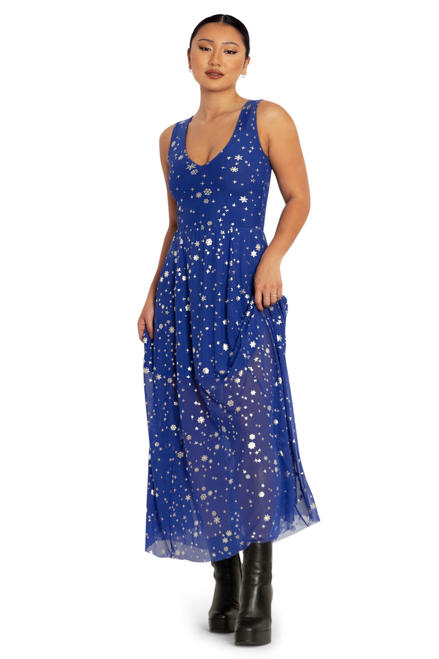 BlackMilk Clothing - Blue Christmas Star V Neck Maxi Dress