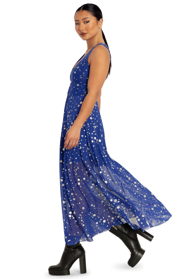 BlackMilk Clothing - Blue Christmas Star V Neck Maxi Dress