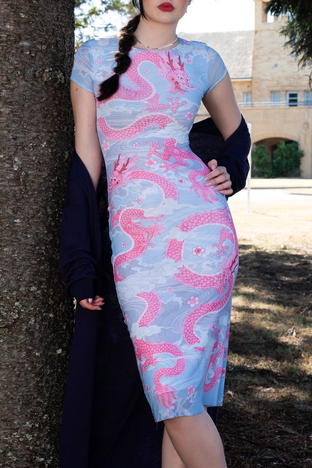 Women’s bodycon dress featuring sheer cap sleeves, fitted silhouette and soft dragon artwork in blush tones