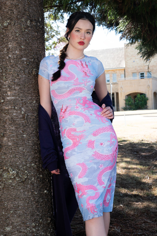 Blushing Dragon Sheer Cap Sleeve Bodycon Dress front view showing fitted bodycon dress with sheer cap sleeves and dragon inspired print