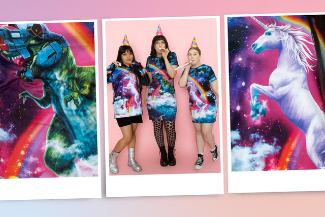 Hell Yeah! BlackMilk is turning 15. Is it really a celebration without a unicorn battling a robot dinosaur? HELL NO! Shop our iconic print in 3 new styles!