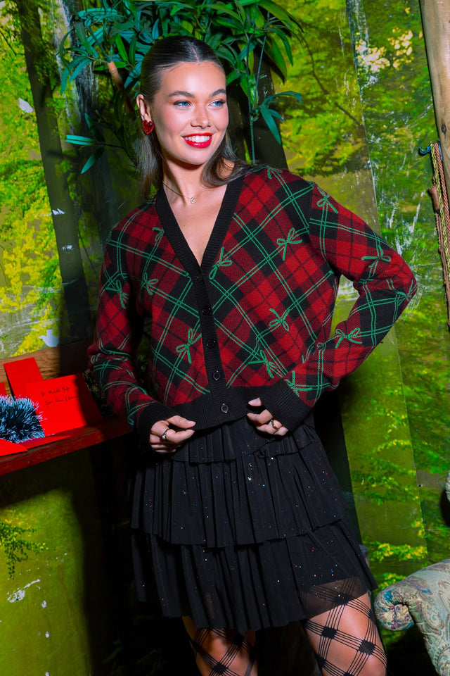 Tartan Bow Cropped Cardigan