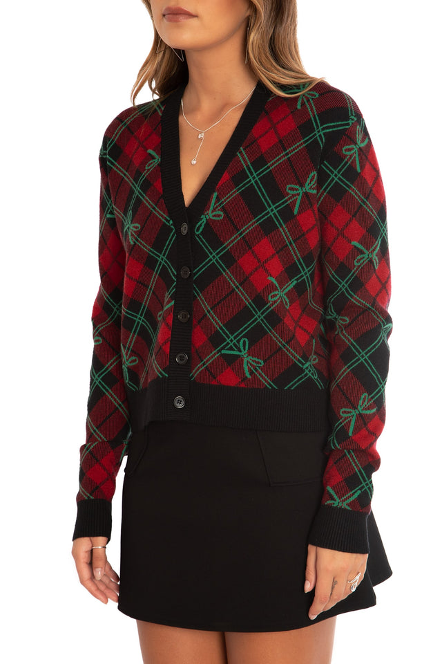 BlackMilk Clothing - Christmas Collection - Wreck The Halls - Bow Tartan Cropped Cardigan