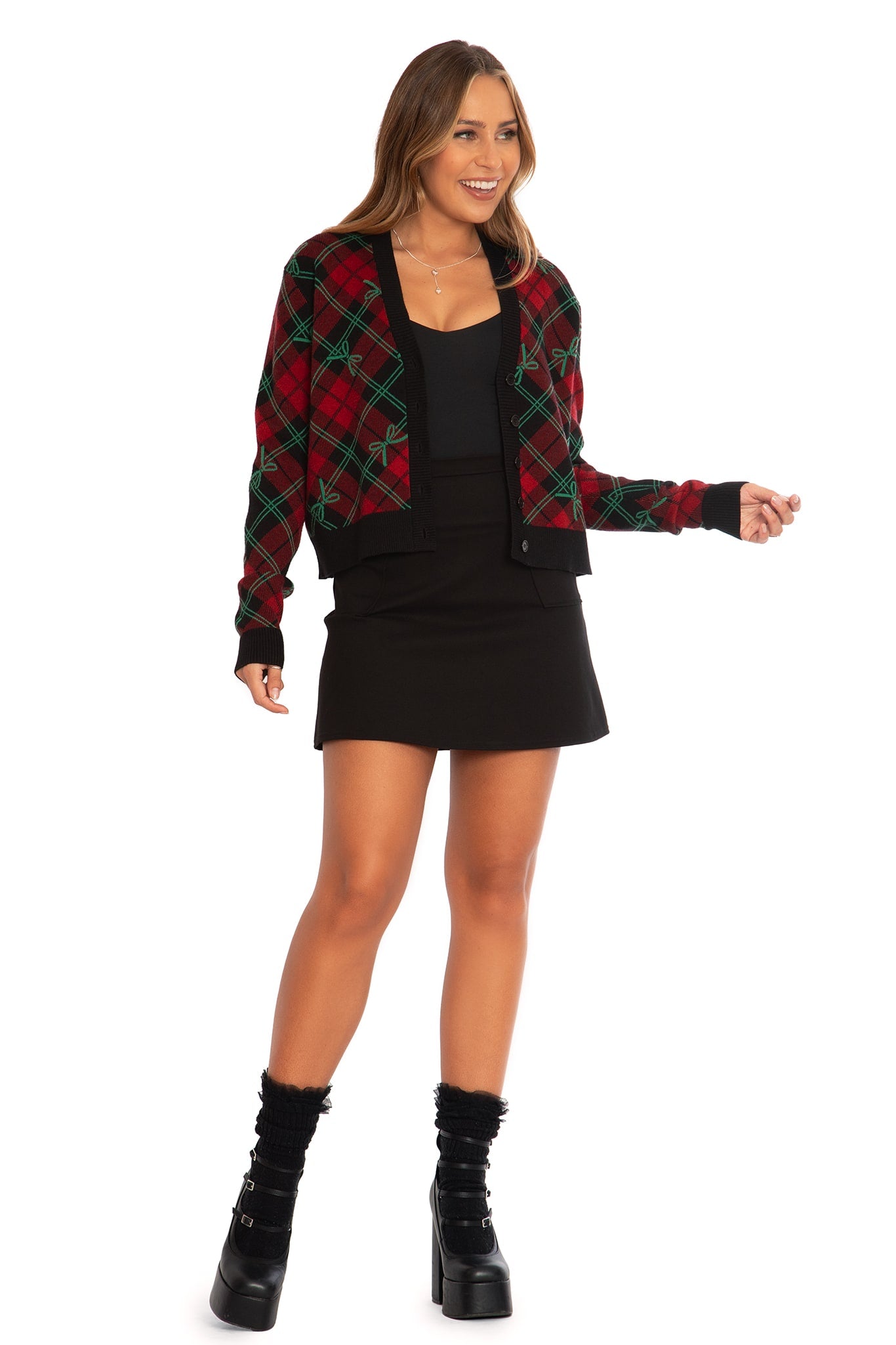 カーディガン Shoulder Ribbon Plaid Knit Cardigan Shoulder Ribbon Plaid Knit Cardigan