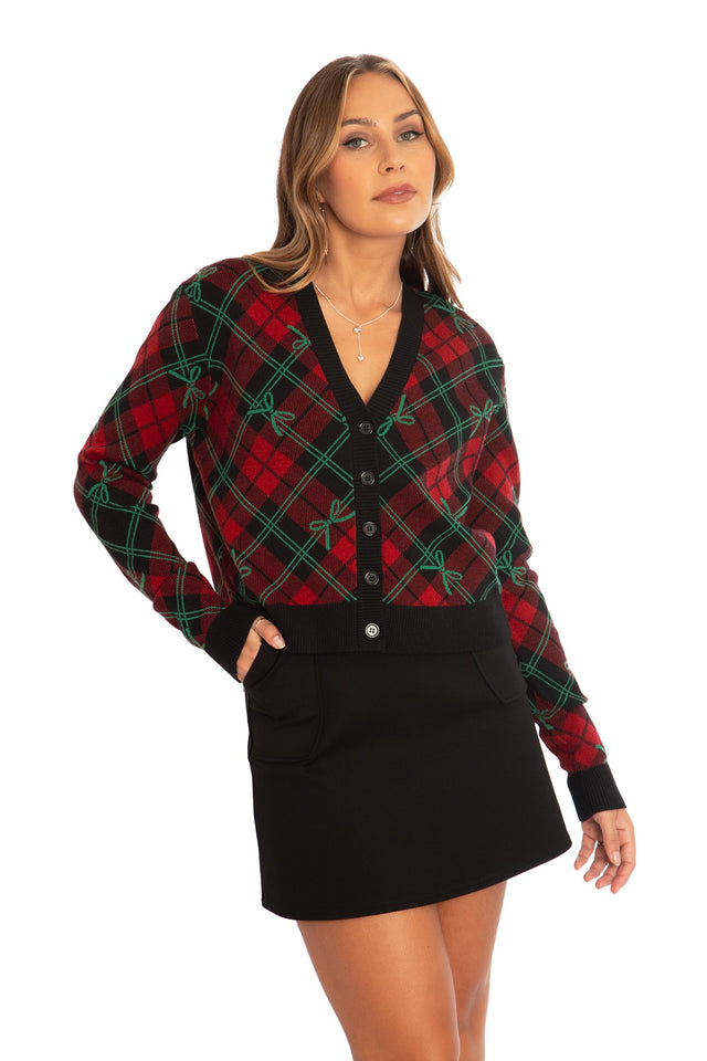 BlackMilk Clothing - Christmas Collection - Wreck The Halls - Bow Tartan Cropped Cardigan