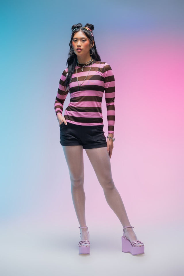 Black and pink striped fitted mesh top featuring lightweight transparent fabric and long sleeves for effortless layering and alternative everyday styling.