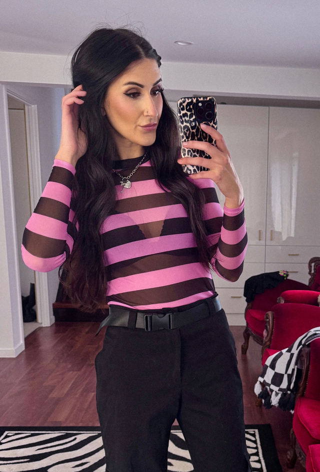 Bubblegum Bandit Sheer High Neck Long Sleeve Top
