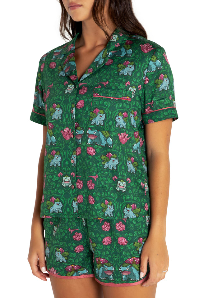 Bulbasaur Evolution Soft Button Up Sleep Shirt Closeup