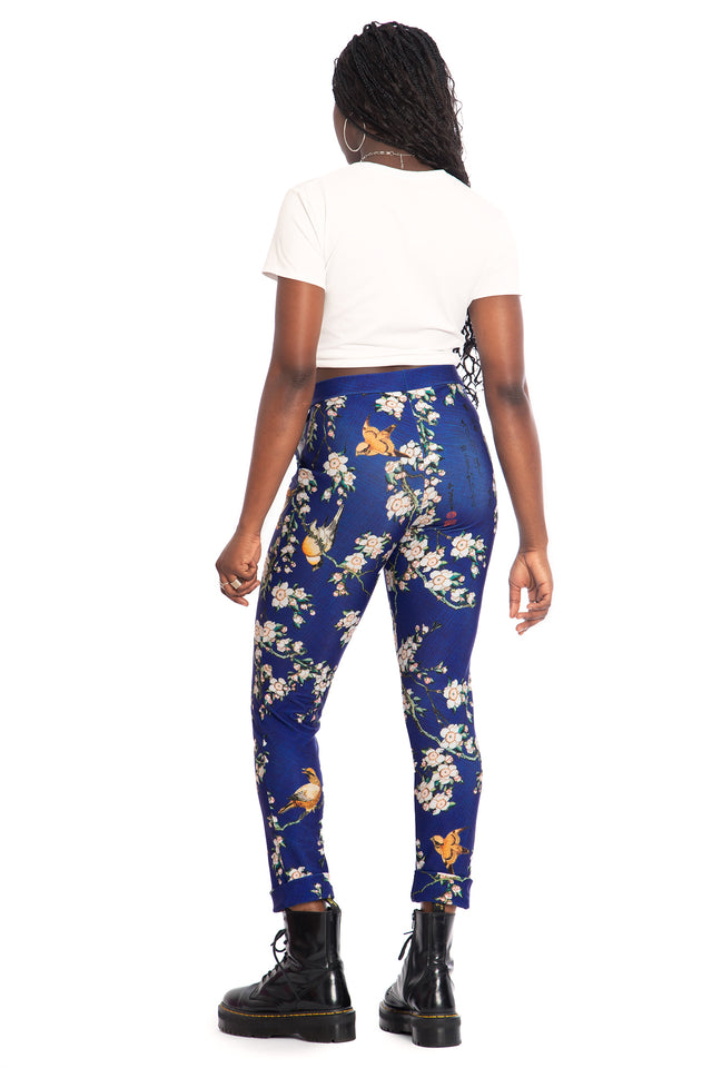 Bullfinch And Weeping Cherry Blossoms Cuffed Pants