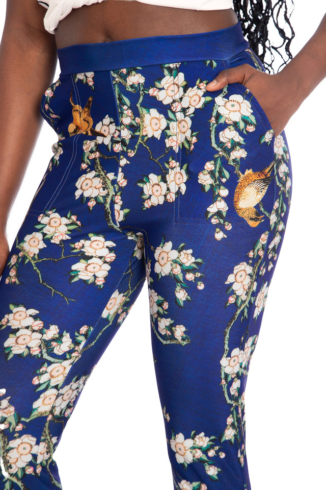 Bullfinch And Weeping Cherry Blossoms Cuffed Pants