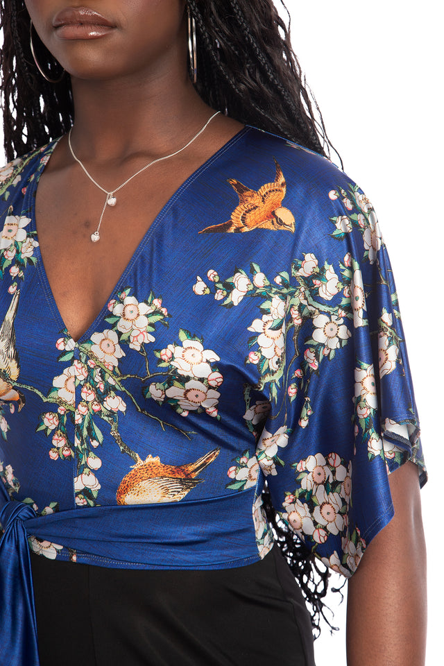 Bullfinch And Weeping Cherry Blossoms Shiny Kimono Tie Top