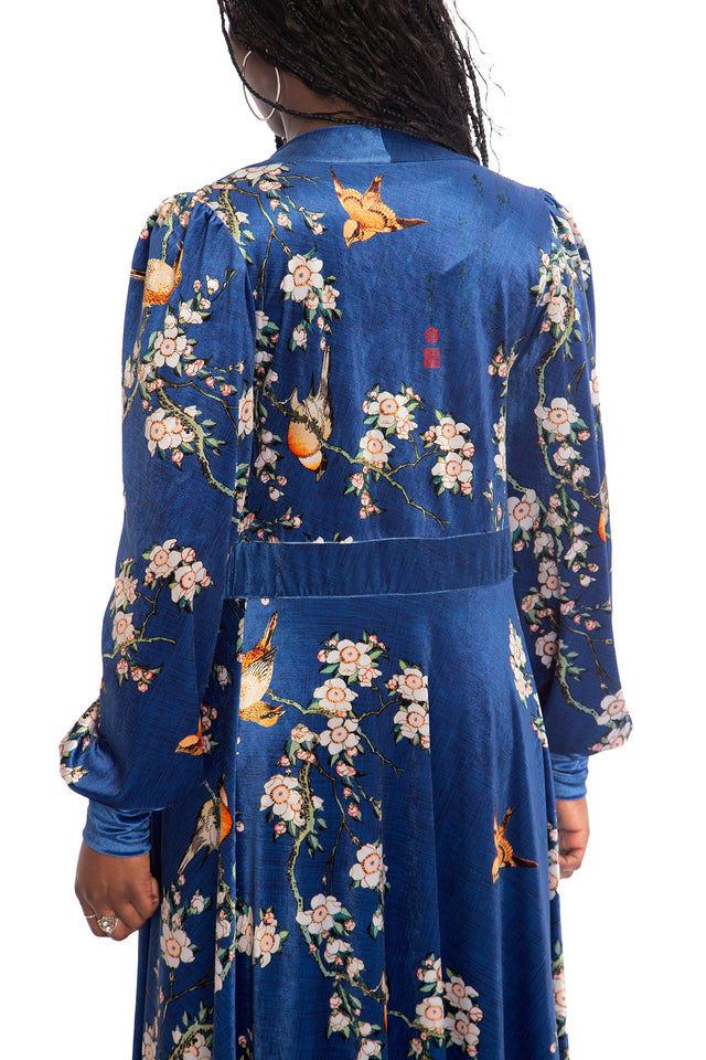 Bullfinch And Weeping Cherry Blossoms Velvet Maxi Jacket