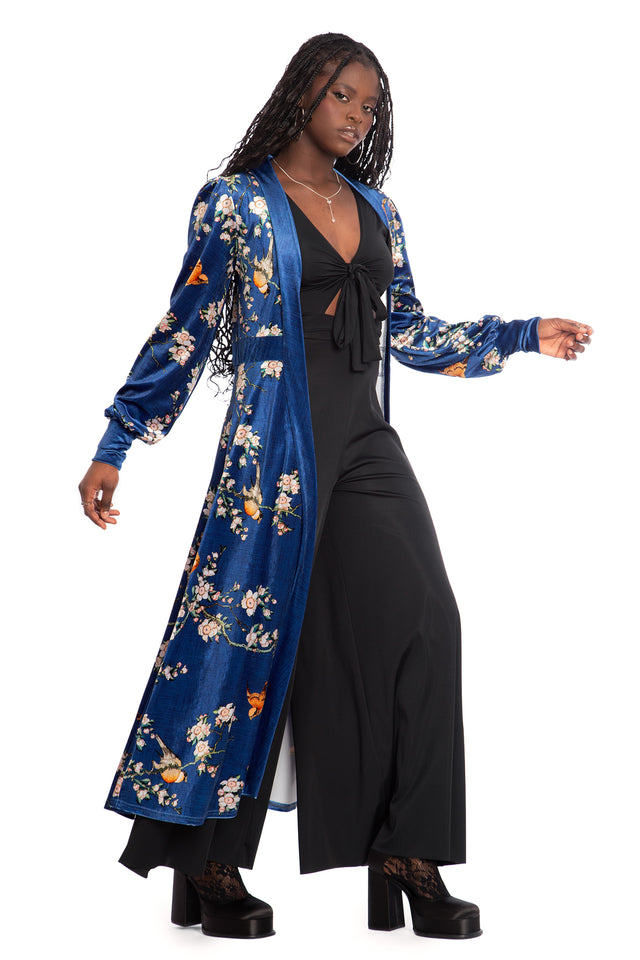 Bullfinch And Weeping Cherry Blossoms Velvet Maxi Jacket