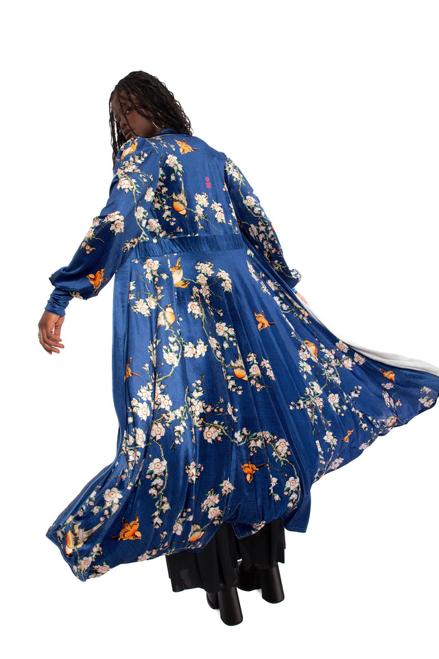 Bullfinch And Weeping Cherry Blossoms Velvet Maxi Jacket