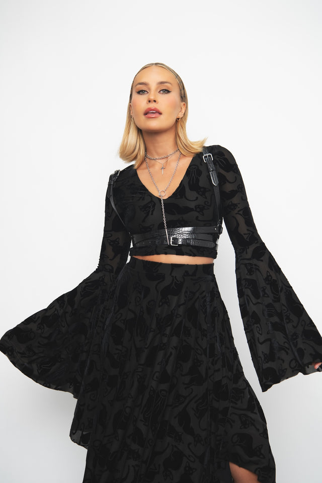 Burned Velvet Cats Spectre Top featuring soft burned velvet fabric and black cat artwork, perfect for gothic fashion, alternative outfits, everyday wear and effortless witchy styling.