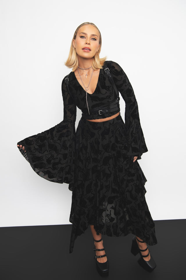 Alternative black cat top with luxurious burned velvet texture, featuring a flattering silhouette ideal for gothic clothing, casual styling, spooky season fashion and everyday comfort.