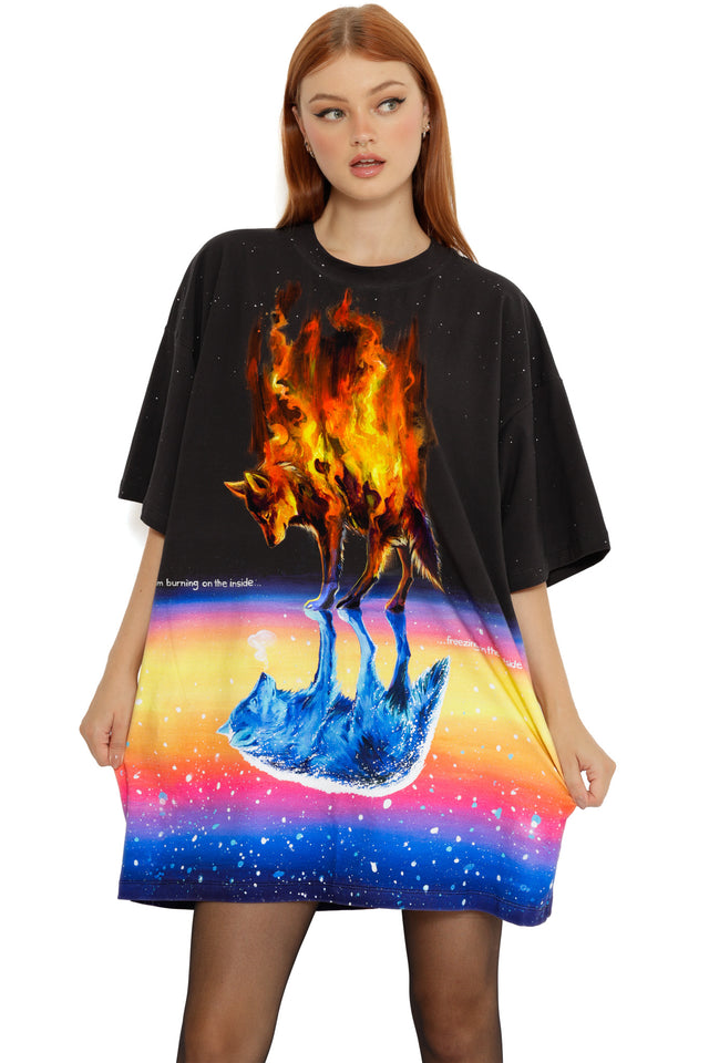 Burning on the Inside Giant Tee with a relaxed oversized silhouette, short sleeves, and striking all-over illustrated print.
