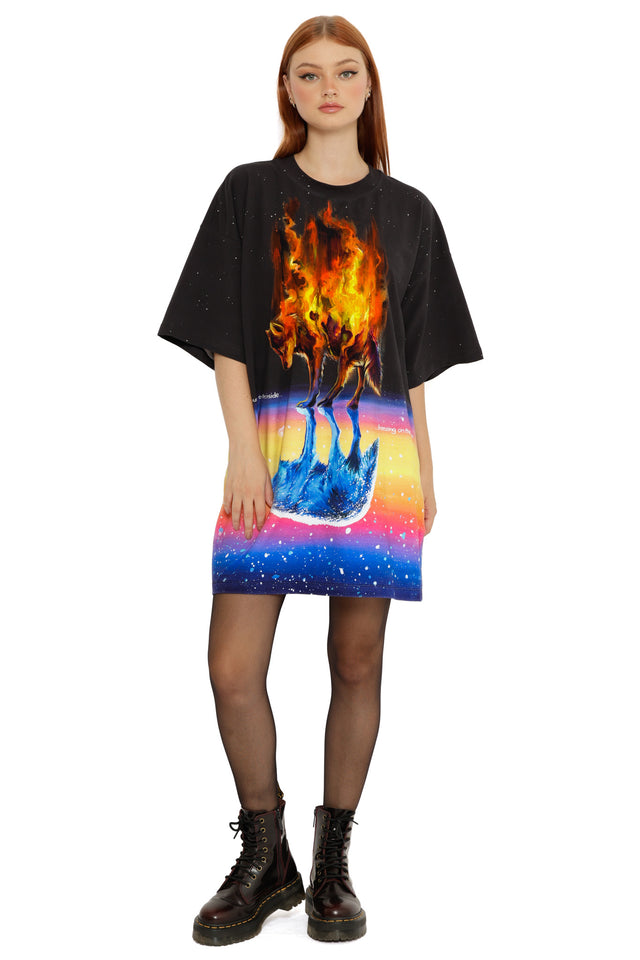 Front view of the Burning on the Inside Giant Tee featuring an oversized fit and a bold illustrated flame artwork.