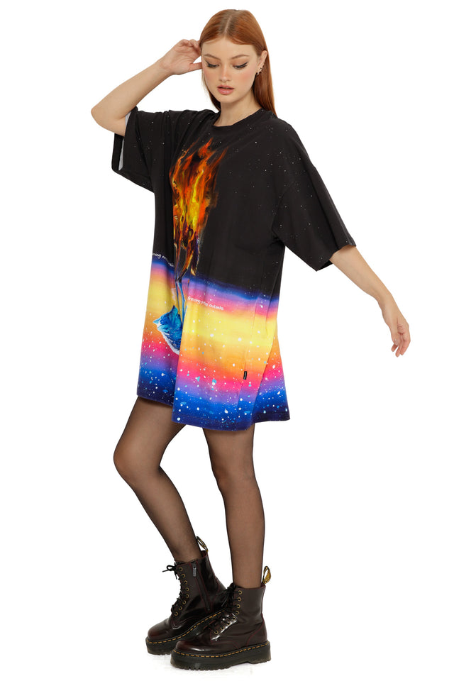 Giant tee dress style top with short sleeves, featuring expressive illustrated artwork and a relaxed drape.