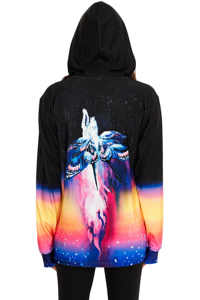 Black hoodie with a colorful wolf design on the back against a white background