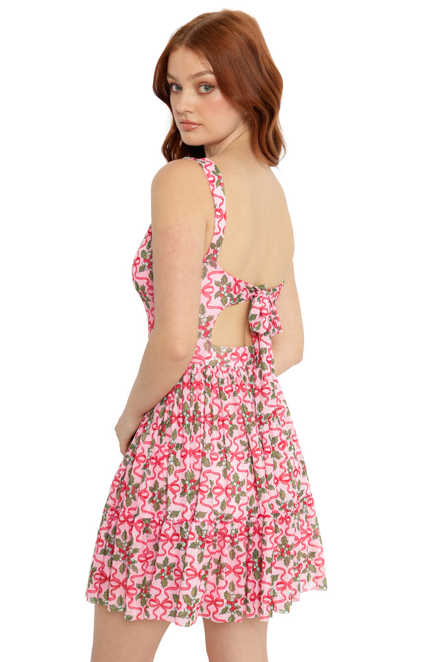 cute christmas day outfit pink bow back skater dress