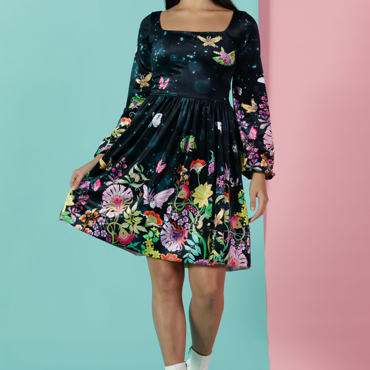 Butterfly Garden Velvet Squared Up Bishop Longline Dress - Limited ...