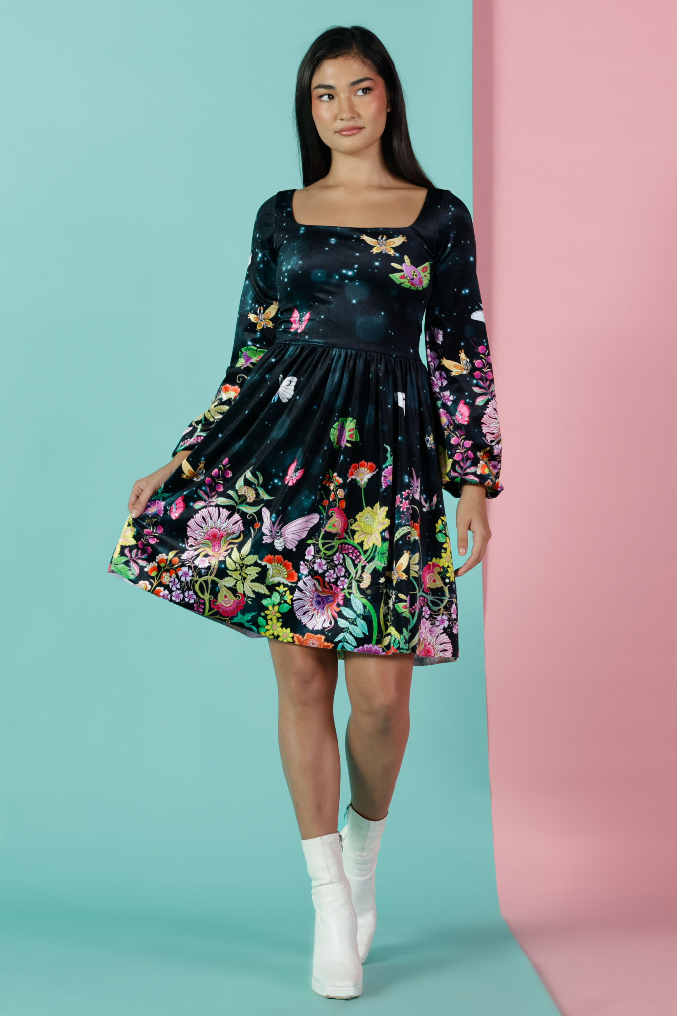 Butterfly Garden Velvet Squared Up Bishop Longline Dress