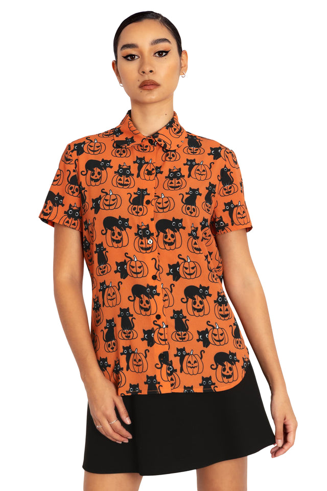 BlackMilk Clothing - Cat O Lantern Cute As A Button Shirt