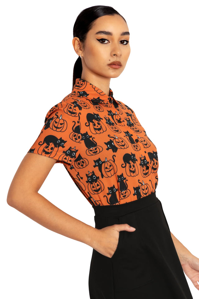 BlackMilk Clothing - Cat O Lantern Cute As A Button Shirt
