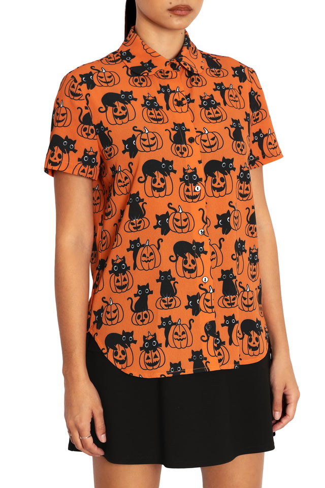 BlackMilk Clothing - Cat O Lantern Cute As A Button Shirt