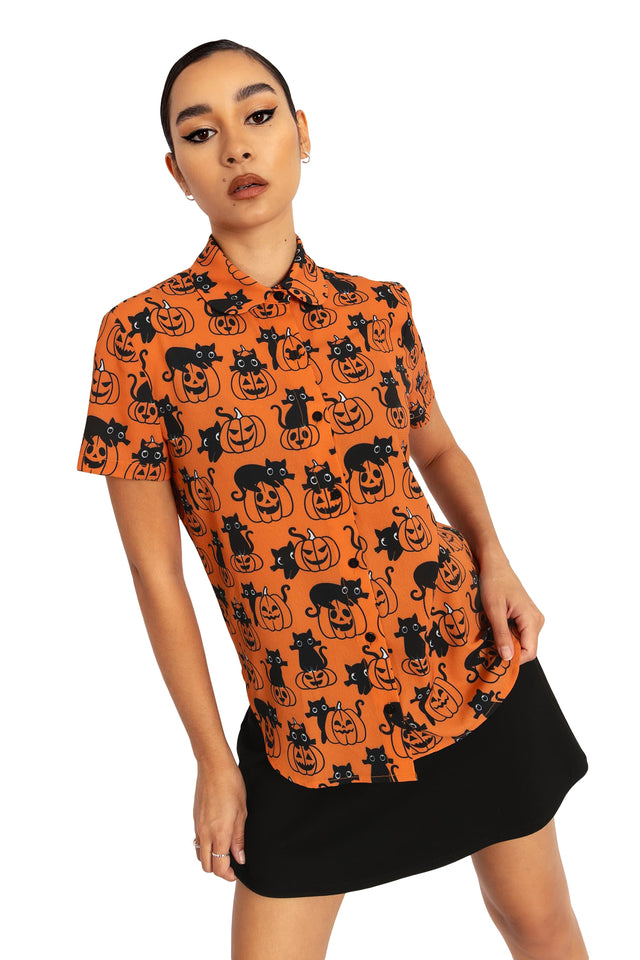 BlackMilk Clothing - Cat O Lantern Cute As A Button Shirt