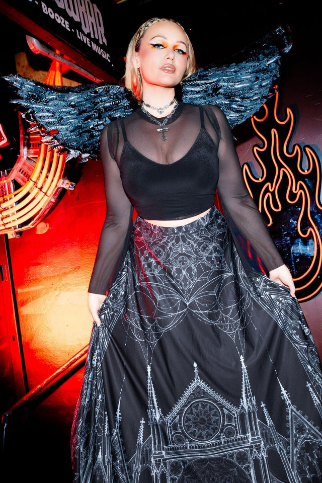 BlackMilk Caught in the Cloisters Maxi Skirt – black gothic cathedral stained-glass print maxi skirt by artist Ami Raithe, BlackMilk Clothing Halloween collection
