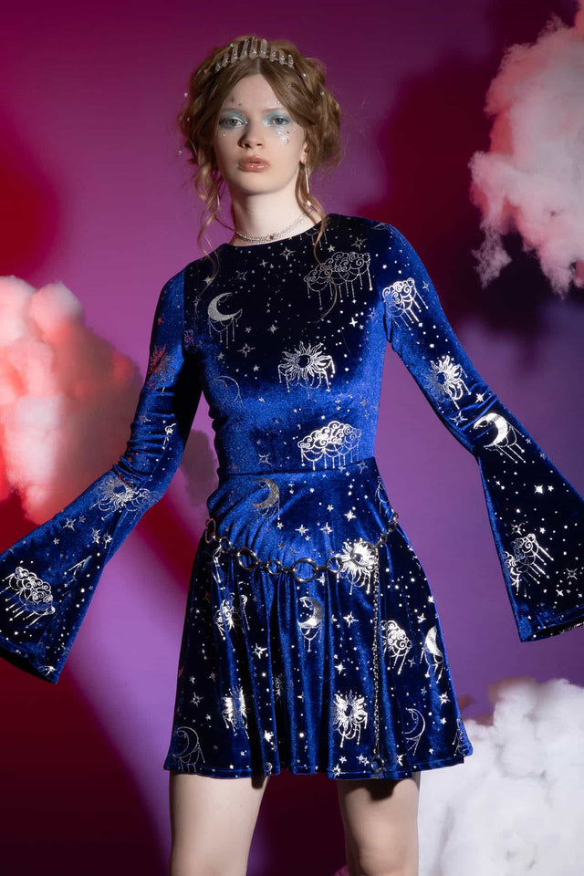 Celestial Chandelier Velvet Flare Sleeve Lace Back Dress - Limited BlackMilk Clothing Celestial Chandelier Velvet Flare Sleeve Lace Back Dress - Limited BlackMilk Clothing