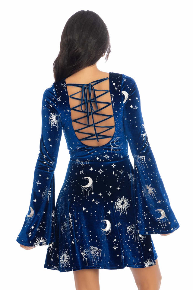 Celestial Chandelier Velvet Flare Sleeve Lace Back Dress