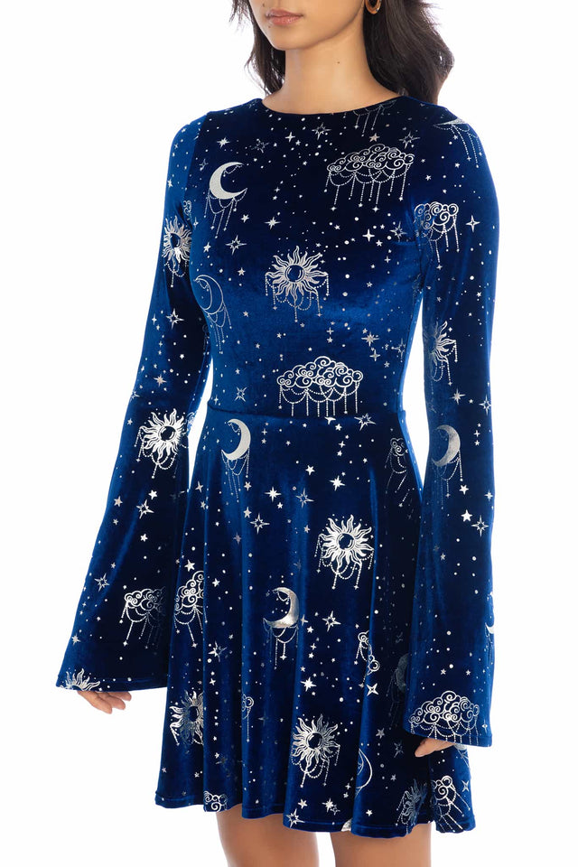 Celestial Chandelier Velvet Flare Sleeve Lace Back Dress