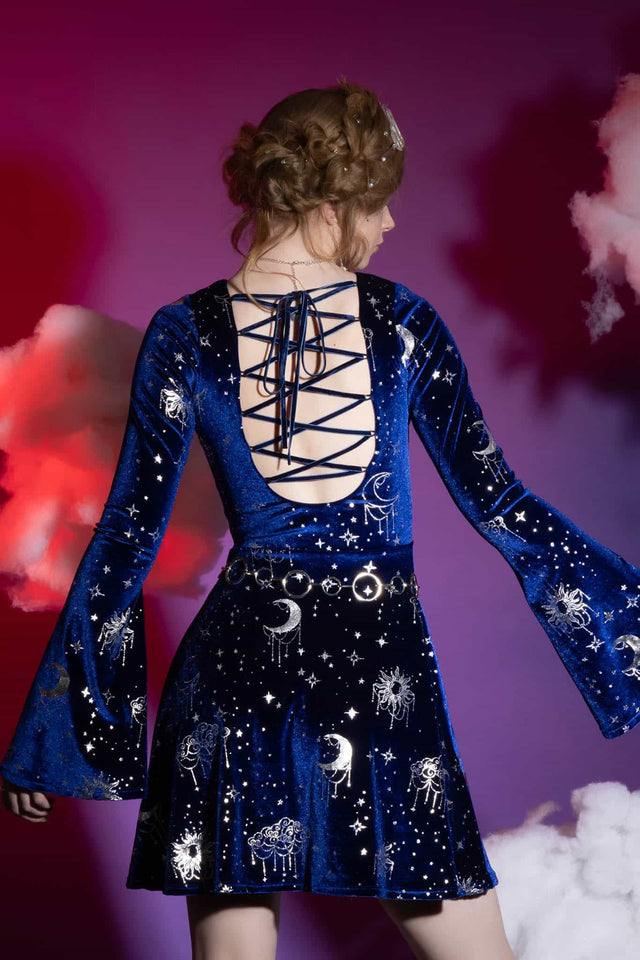 Celestial Chandelier Velvet Flare Sleeve Lace Back Dress - Limited BlackMilk Clothing Celestial Chandelier Velvet Flare Sleeve Lace Back Dress - Limited BlackMilk Clothing