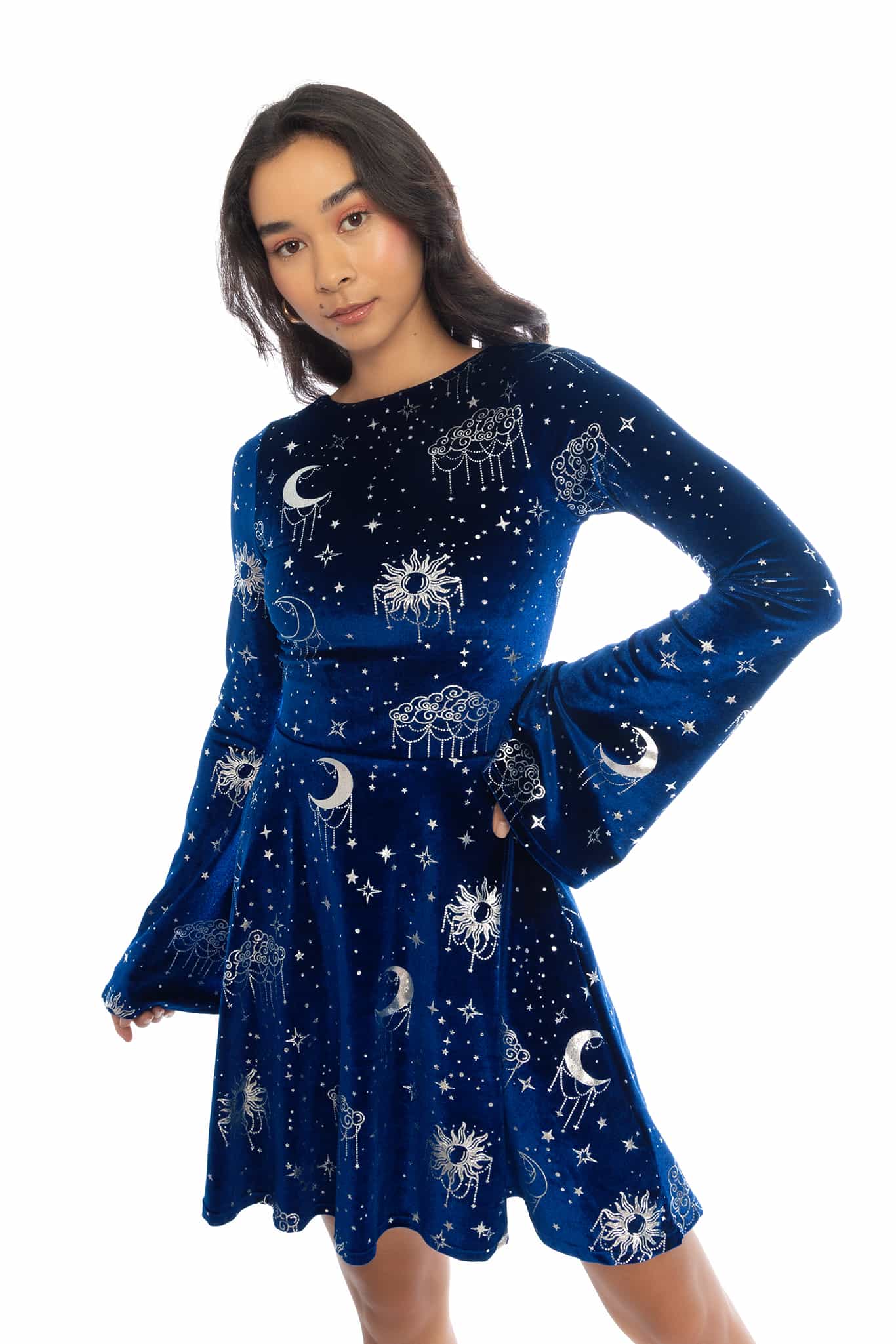 Celestial Chandelier Velvet Flare Sleeve Lace Back Dress - Limited