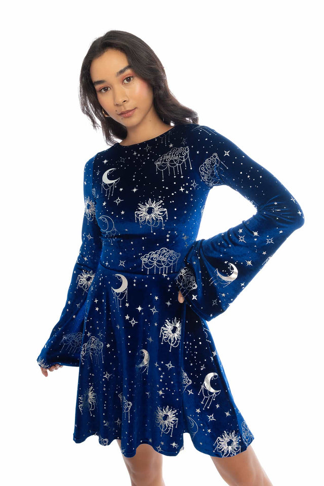 Celestial Chandelier Velvet Flare Sleeve Lace Back Dress - Limited BlackMilk Clothing Celestial Chandelier Velvet Flare Sleeve Lace Back Dress - Limited BlackMilk Clothing
