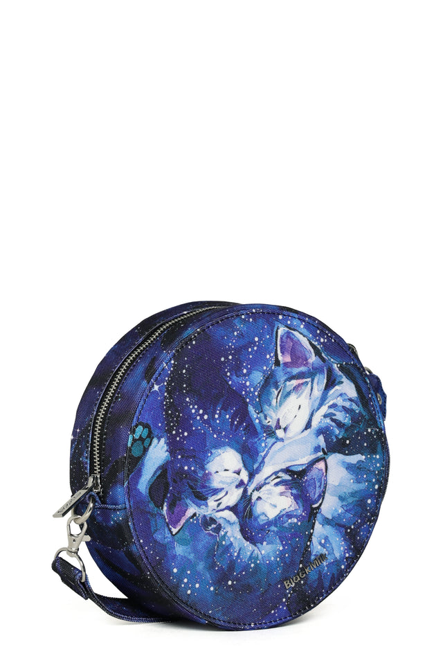 Round pouch with galaxy design featuring cats on a white background